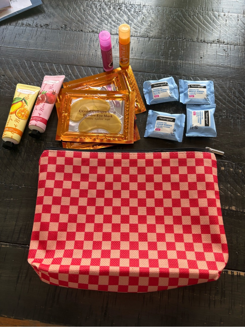 Pink Check Zipper Pouch 10x7” w/12 Self Care Items